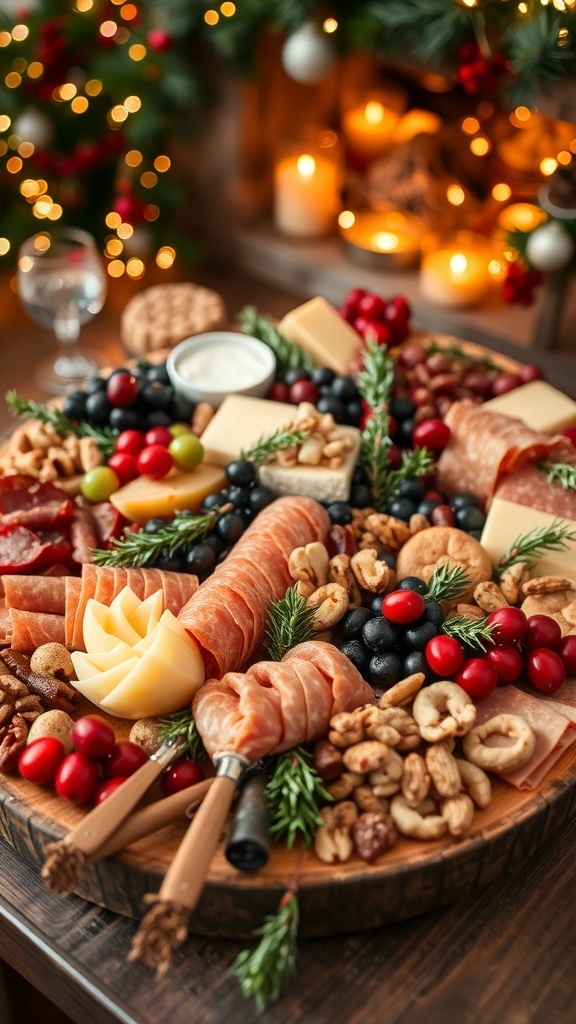 A festive charcuterie board with meats, cheeses, fruits, and nuts, decorated for Christmas.